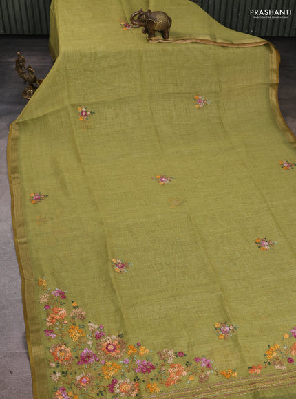 Linen Cotton Saree light green with embroidery buttas and embroidery pallu
