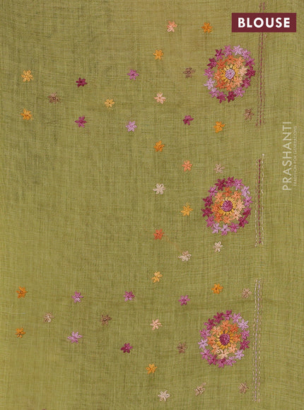 Linen Cotton Saree light green with embroidery buttas and embroidery pallu