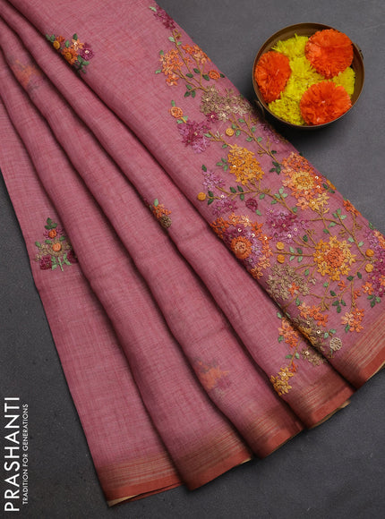 Linen Cotton Saree light pink with embroidery buttas and embroidery pallu