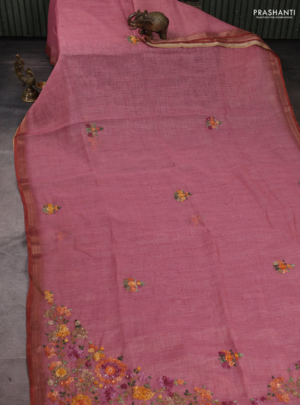 Linen Cotton Saree light pink with embroidery buttas and embroidery pallu