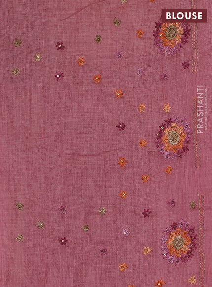 Linen Cotton Saree light pink with embroidery buttas and embroidery pallu