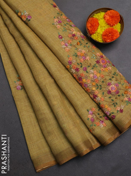 Linen Cotton Saree mustard yellow with embroidery buttas and embroidery pallu
