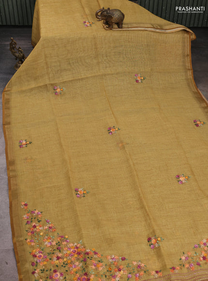 Linen Cotton Saree mustard yellow with embroidery buttas and embroidery pallu