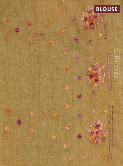 Linen Cotton Saree mustard yellow with embroidery buttas and embroidery pallu
