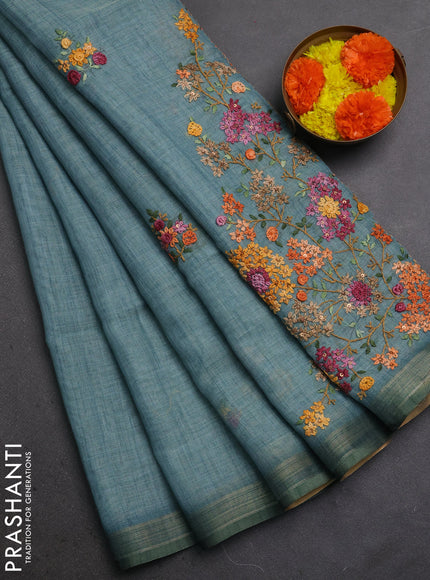 Linen Cotton Saree pastel blue with embroidery buttas and embroidery pallu