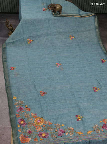 Linen Cotton Saree pastel blue with embroidery buttas and embroidery pallu