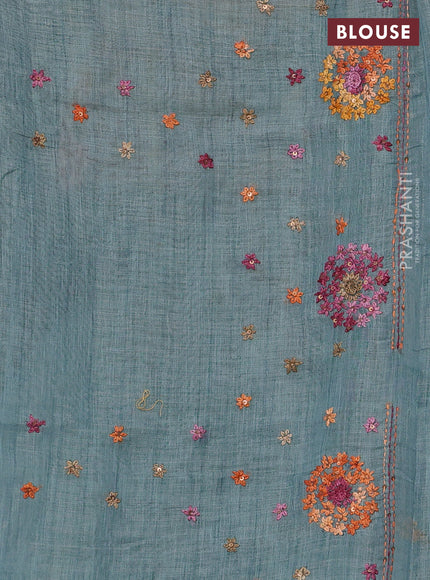 Linen Cotton Saree pastel blue with embroidery buttas and embroidery pallu