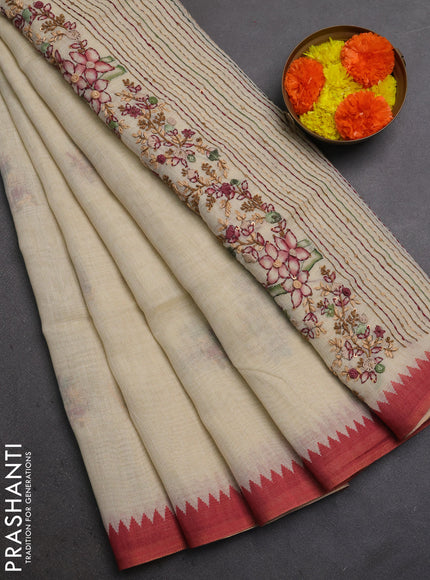 Linen Cotton Saree cream and red with embroidery buttas and embroidery pallu