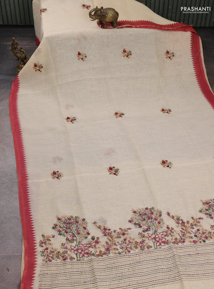 Linen Cotton Saree cream and red with embroidery buttas and embroidery pallu