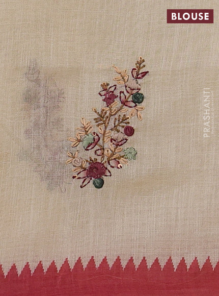 Linen Cotton Saree cream and red with embroidery buttas and embroidery pallu