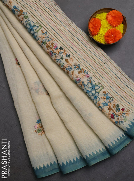Linen Cotton Saree cream and peacock blue with embroidery buttas and embroidery pallu
