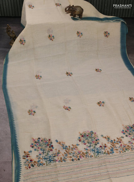 Linen Cotton Saree cream and peacock blue with embroidery buttas and embroidery pallu