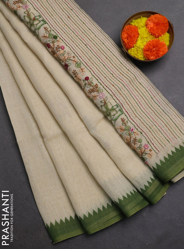 Linen Cotton Saree cream and green with embroidery buttas and embroidery pallu