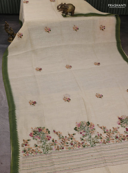 Linen Cotton Saree cream and green with embroidery buttas and embroidery pallu