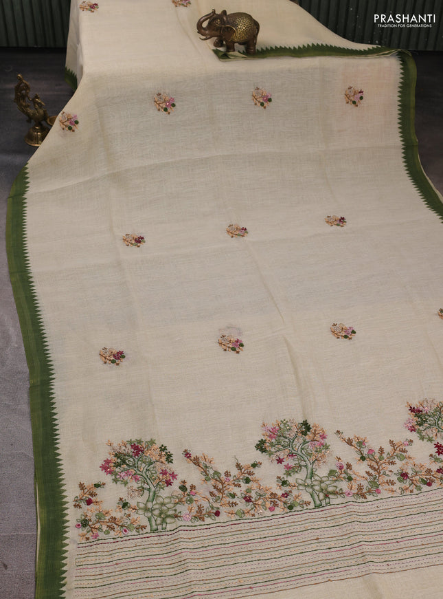 Linen Cotton Saree cream and green with embroidery buttas and embroidery pallu