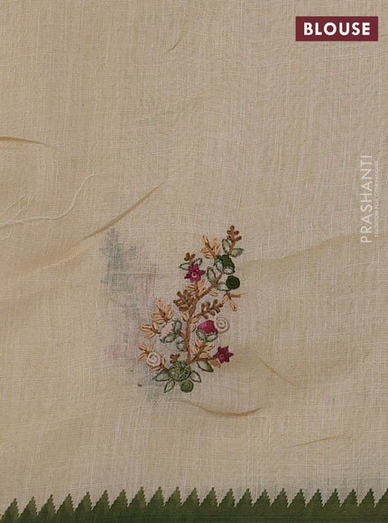 Linen Cotton Saree cream and green with embroidery buttas and embroidery pallu
