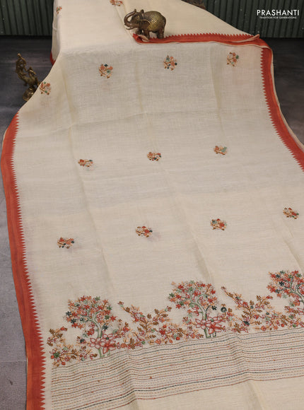 Linen Cotton Saree cream and rust shade with embroidery buttas and embroidery pallu