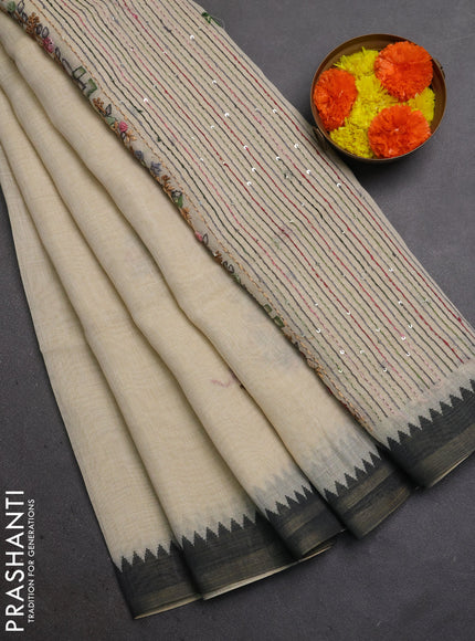 Linen Cotton Saree cream and black with embroidery buttas and embroidery pallu