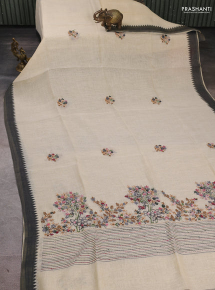 Linen Cotton Saree cream and black with embroidery buttas and embroidery pallu
