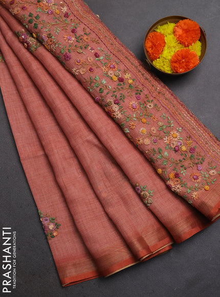 Linen Cotton Saree peach with embroidery buttas and embroidery pallu
