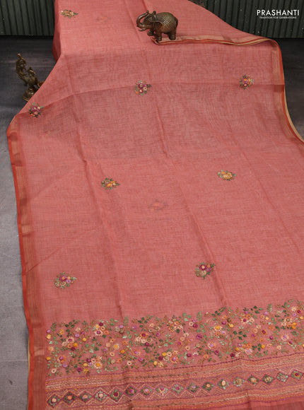 Linen Cotton Saree peach with embroidery buttas and embroidery pallu