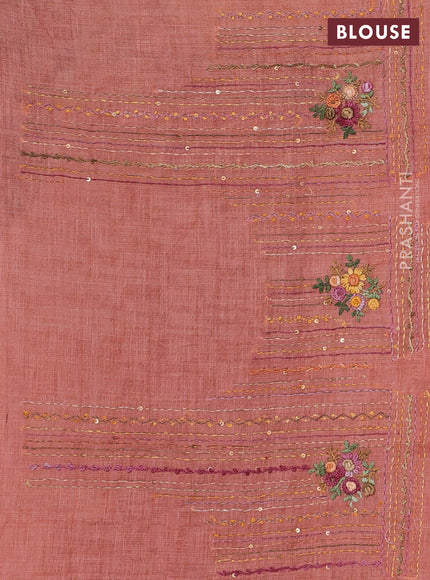 Linen Cotton Saree peach with embroidery buttas and embroidery pallu