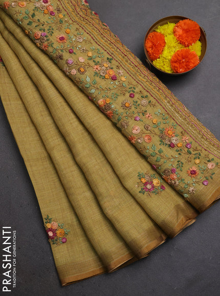 Linen Cotton Saree mustard yellow with embroidery buttas and embroidery pallu
