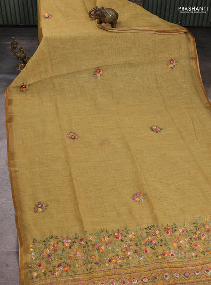 Linen Cotton Saree mustard yellow with embroidery buttas and embroidery pallu
