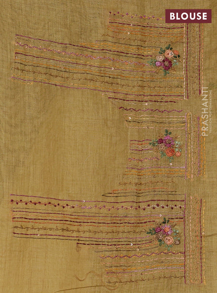 Linen Cotton Saree mustard yellow with embroidery buttas and embroidery pallu