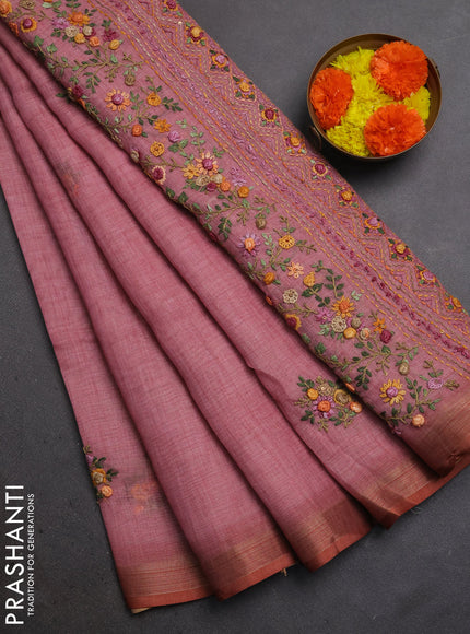 Linen Cotton Saree peach pink with embroidery buttas and embroidery pallu