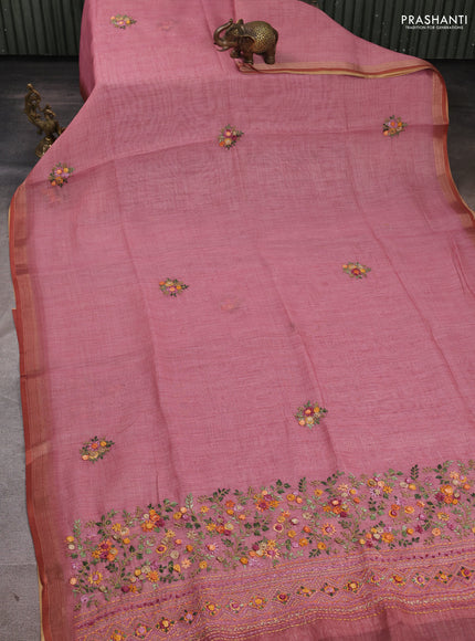 Linen Cotton Saree peach pink with embroidery buttas and embroidery pallu