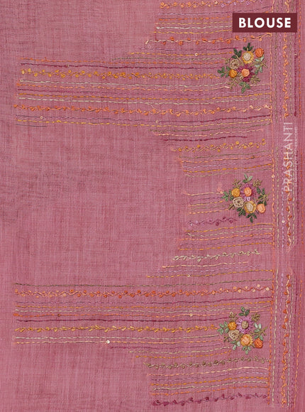 Linen Cotton Saree peach pink with embroidery buttas and embroidery pallu
