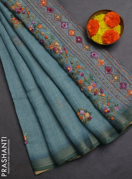 Linen Cotton Saree pastel blue with embroidery buttas and embroidery pallu