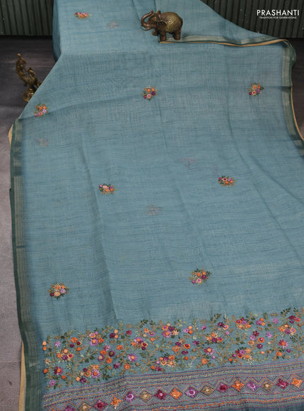 Linen Cotton Saree pastel blue with embroidery buttas and embroidery pallu