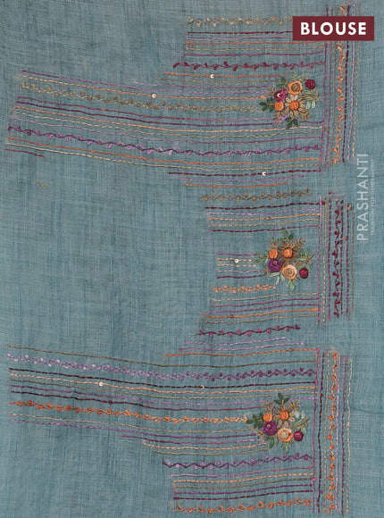 Linen Cotton Saree pastel blue with embroidery buttas and embroidery pallu