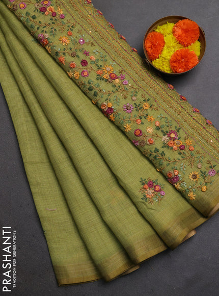 Linen Cotton Saree light green with embroidery buttas and embroidery pallu