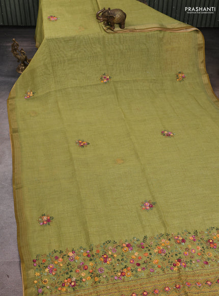 Linen Cotton Saree light green with embroidery buttas and embroidery pallu