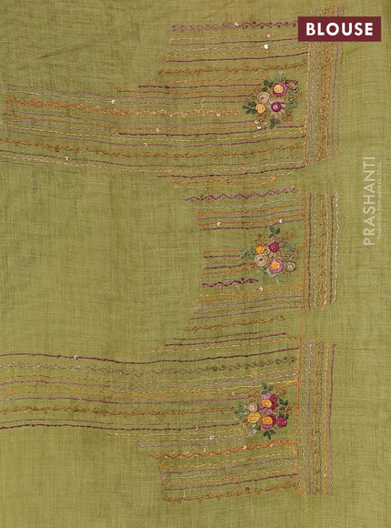 Linen Cotton Saree light green with embroidery buttas and embroidery pallu