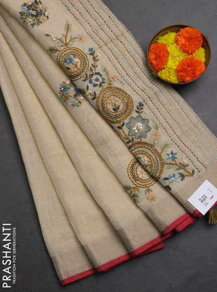 Linen Cotton Saree cream and pastel green with embroidery buttas and embroidery pallu