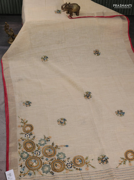 Linen Cotton Saree cream and pastel green with embroidery buttas and embroidery pallu