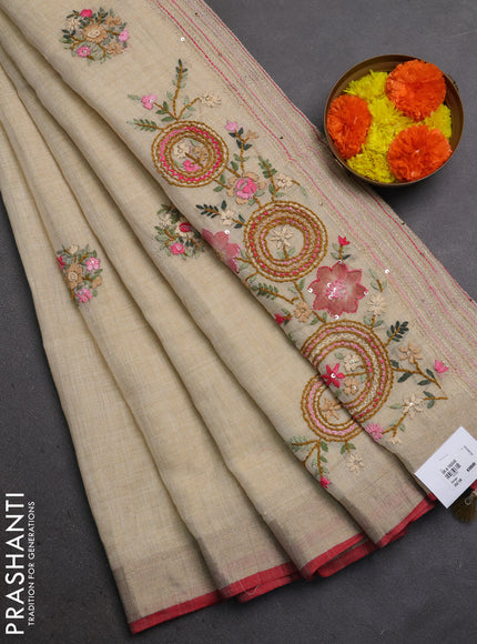 Linen Cotton Saree cream and pink with embroidery buttas and embroidery pallu