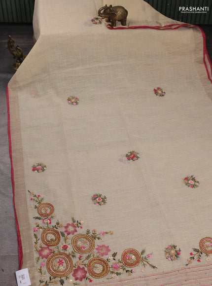 Linen Cotton Saree cream and pink with embroidery buttas and embroidery pallu
