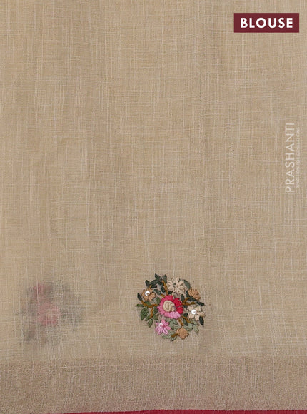 Linen Cotton Saree cream and pink with embroidery buttas and embroidery pallu