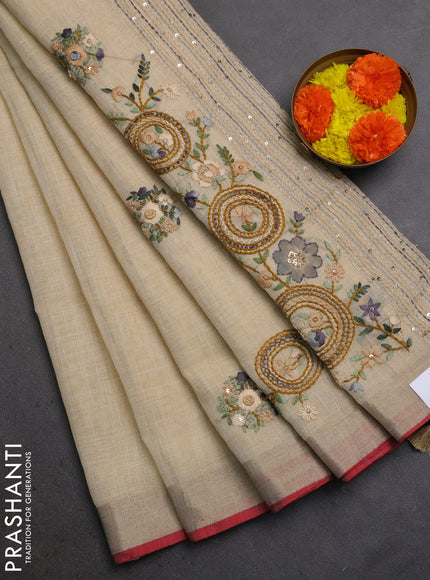 Linen Cotton Saree cream and grey with embroidery buttas and embroidery pallu