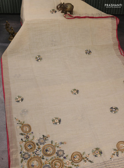 Linen Cotton Saree cream and grey with embroidery buttas and embroidery pallu
