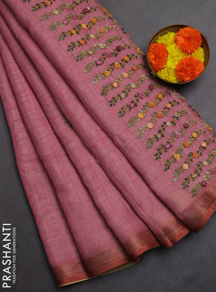Linen Cotton Saree mauve pink and pink with embroidery buttas and embroidery pallu