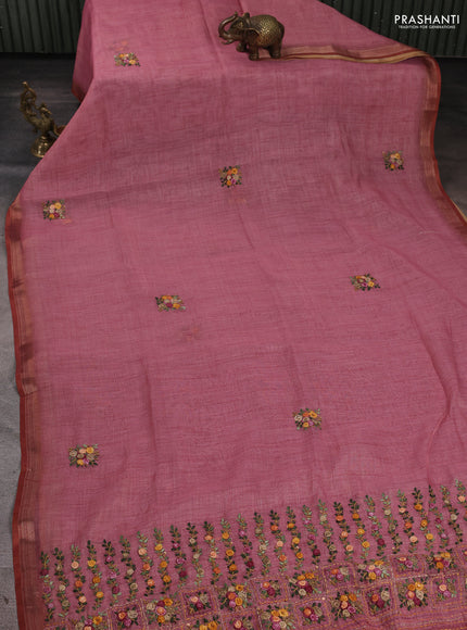 Linen Cotton Saree mauve pink and pink with embroidery buttas and embroidery pallu