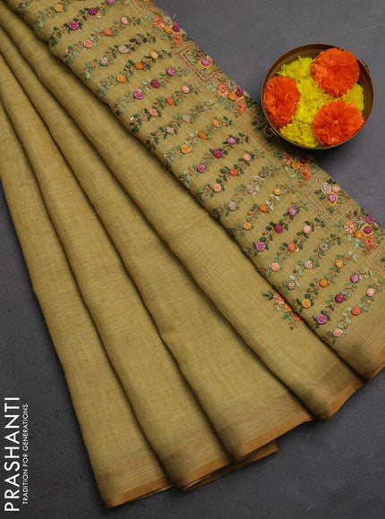 Linen Cotton Saree lime yellow with embroidery buttas and embroidery pallu