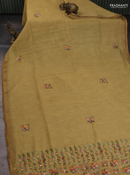 Linen Cotton Saree lime yellow with embroidery buttas and embroidery pallu