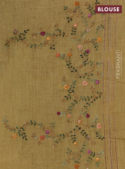 Linen Cotton Saree lime yellow with embroidery buttas and embroidery pallu